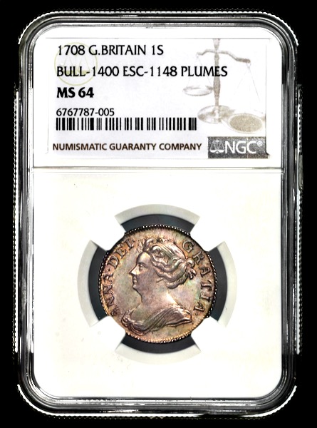 1708 Anne Shilling Choice Uncirculated. NGC - MS64