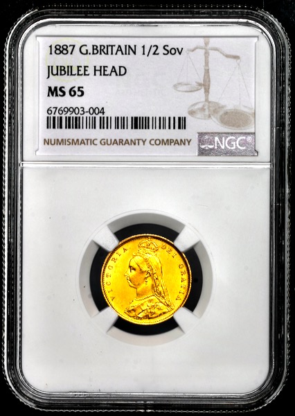 1887 Victoria Jubilee Head Half Sovereign Brilliant Uncirculated. NGC - MS65