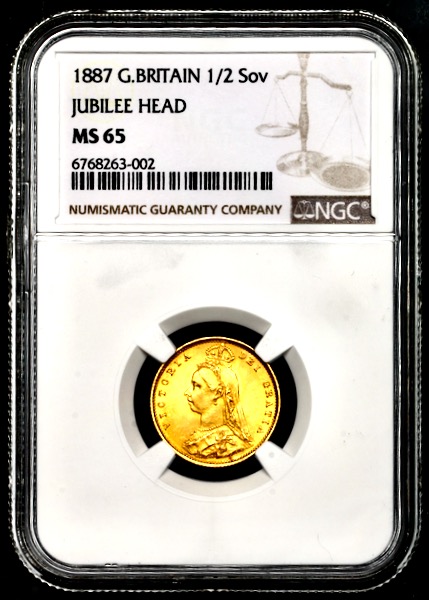 1887 Victoria Jubilee Head Half Sovereign Brilliant Uncirculated. NGC - MS65