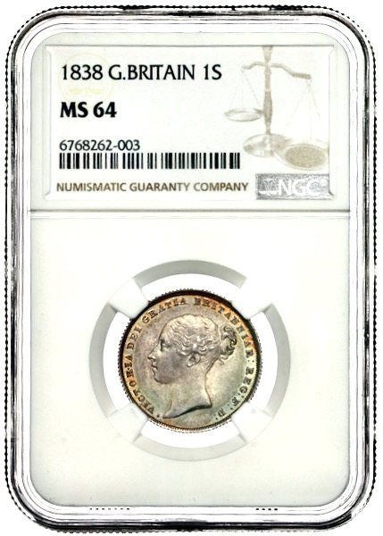 1838 Victoria Shilling Choice Uncirculated. NGC - MS64
