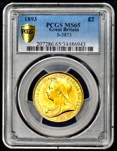 1893 Victoria Old Head £2 Brilliant Uncirculated. PCGS - MS65