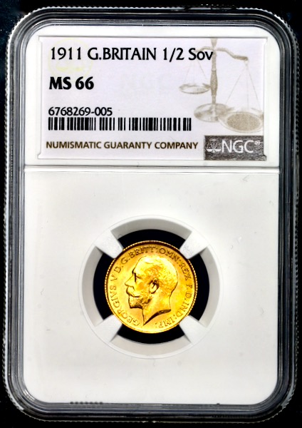 1911 George V Half Sovereign Brilliant Uncirculated. PCGS - MS66