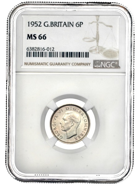 1952 George VI Sixpence Brilliant Uncirculated. NGC - MS66