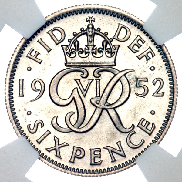 1952 George VI Sixpence Brilliant Uncirculated. NGC - MS66