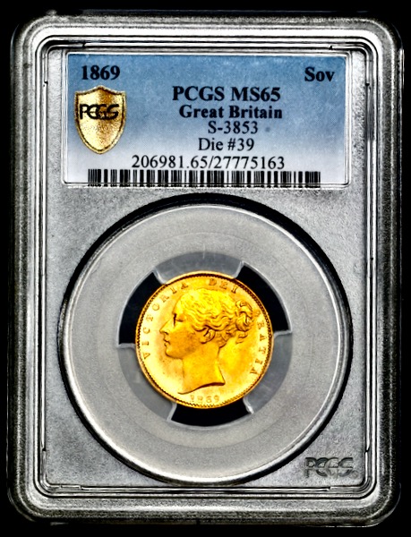 1869 Victoria Sovereign Brilliant Uncirculated. PCGS - MS65