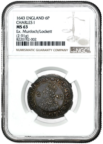 1643 Charles I Sixpence Uncirculated. NGC - MS63